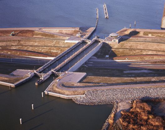 Aerial photo of Krabbersgat Naviduct polder, showing construction of the naviduct at Enkhuizen, Netherlands